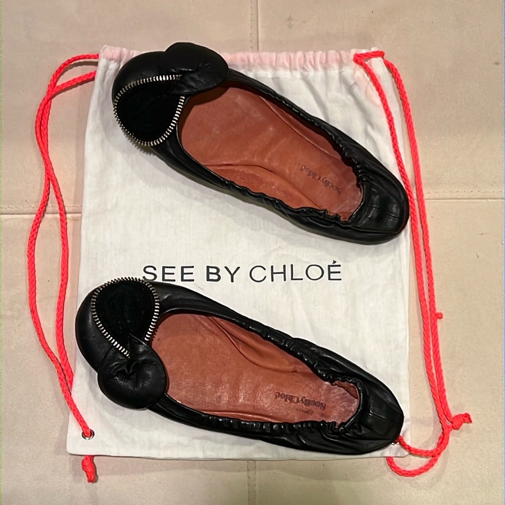 See By Chloe Clara Black Ballet Flats Zipper Bows